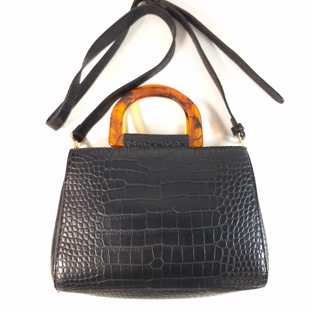 Madison West Black Alligator Print Handbag Purse Tortoise Handles Convertible